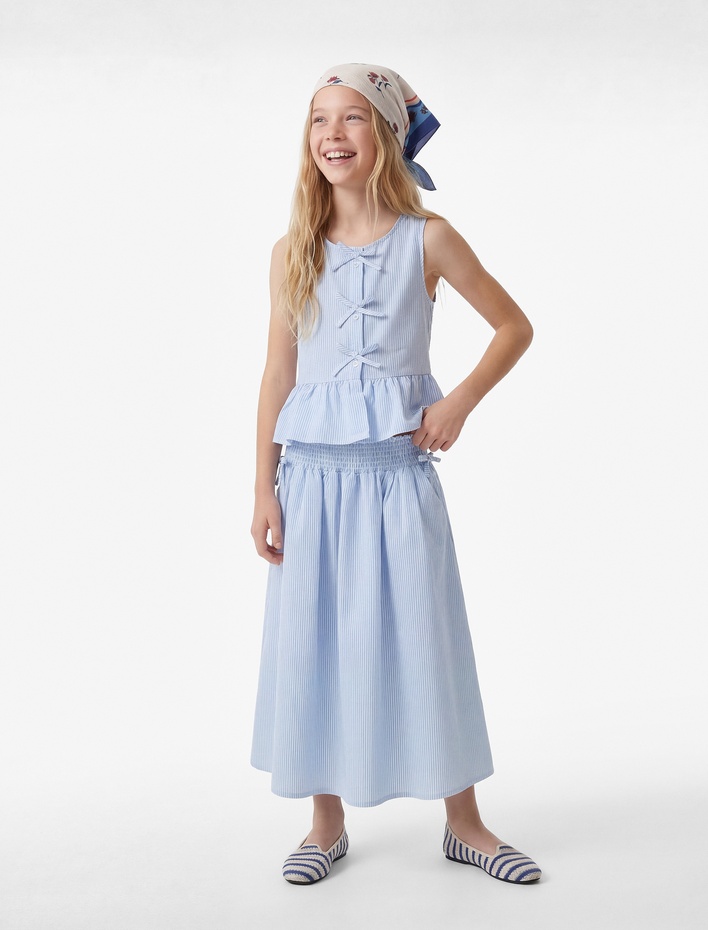 Kız Çocuk Fiyonklu Kolsuz Bisiklet Yaka Fırfır Detaylı Çizgili Bluz