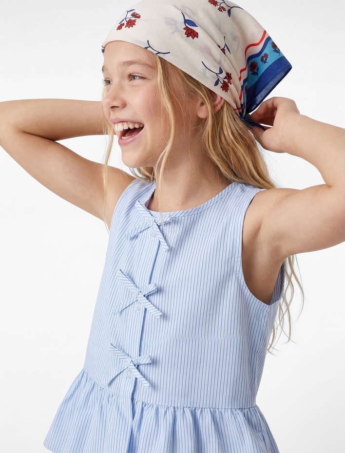 Kız Çocuk Fiyonklu Kolsuz Bisiklet Yaka Fırfır Detaylı Çizgili Bluz