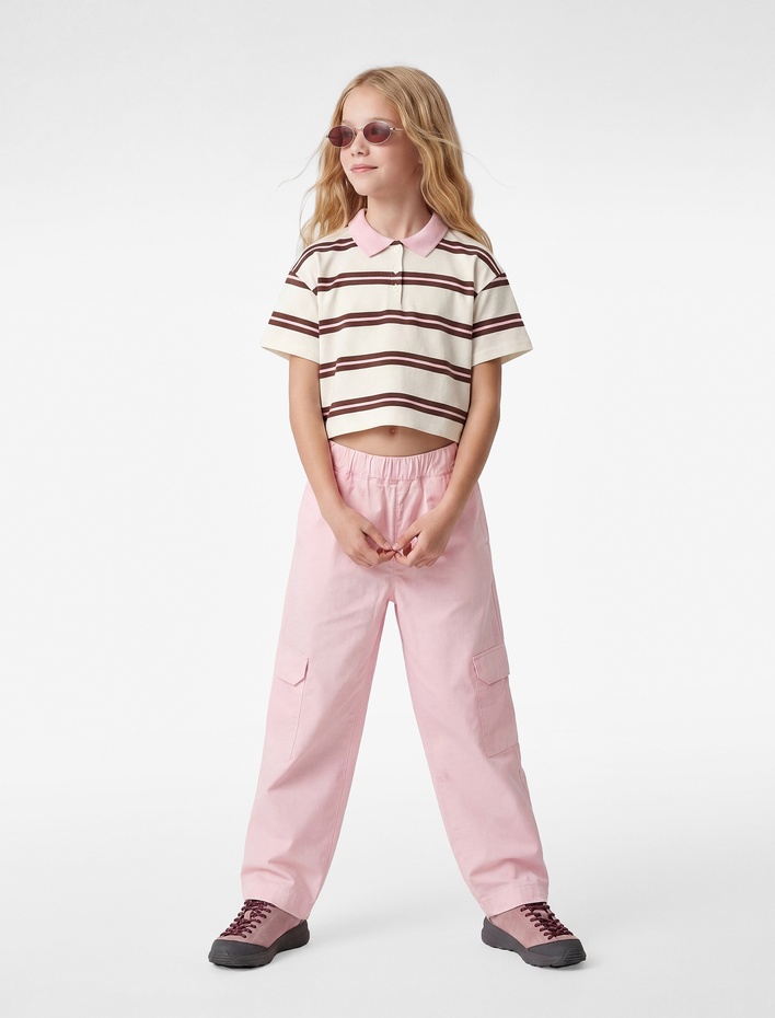 Kız Çocuk Pamuklu Kapaklı Rahat Kesim Kapaklı Cepli Jogger Pantolon