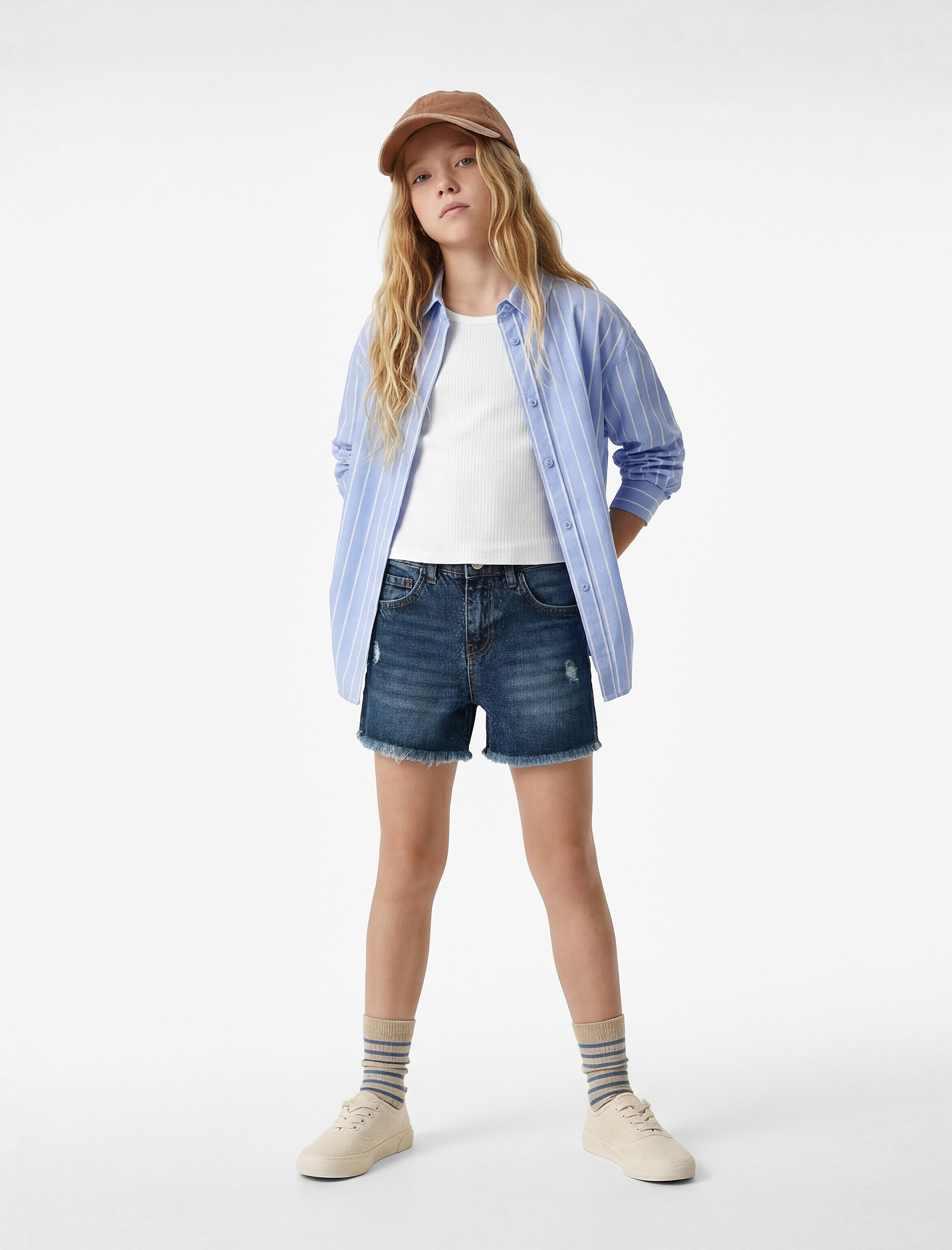  Kız Çocuk Pamuklu Cepli Loose Fit Denim Şort