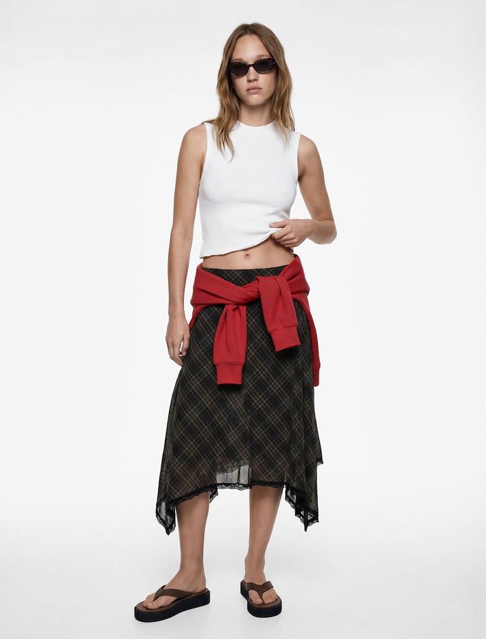  Normal Bel Asimetrik Kesim Tül Midi Ekoseli Etek