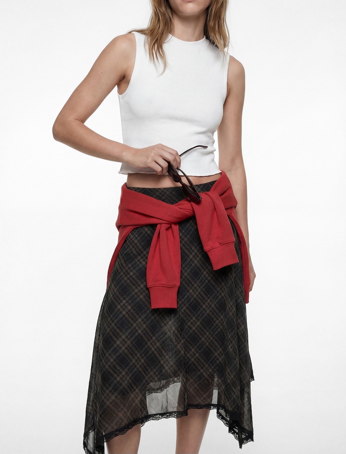  Normal Bel Asimetrik Kesim Tül Midi Ekoseli Etek