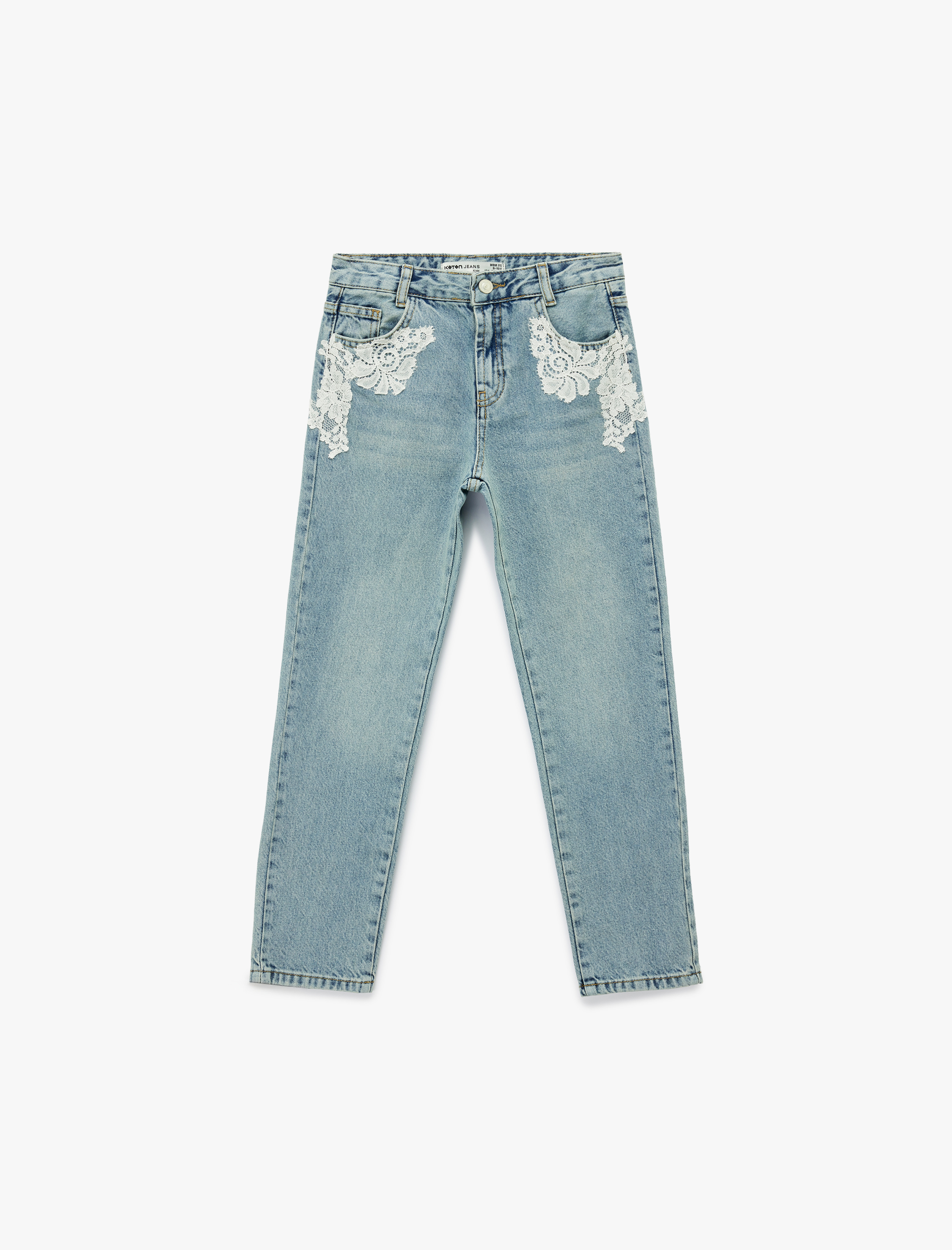  Kız Çocuk Dantel Detaylı Pamuklu Mom Fit Denim Pantolon