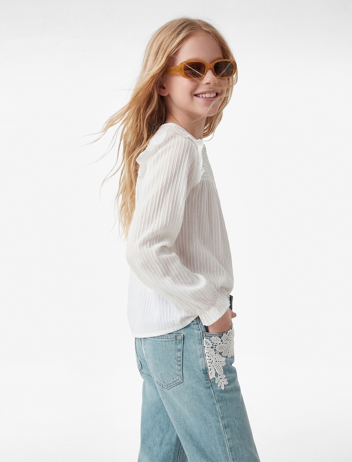 Kız Çocuk Dantel Detaylı Pamuklu Mom Fit Denim Pantolon