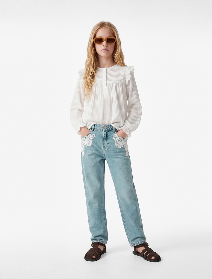 Kız Çocuk Dantel Detaylı Pamuklu Mom Fit Denim Pantolon