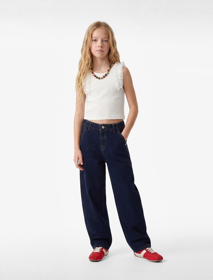 Kız Çocuk Fırfır Detaylı Kolsuz Bisiklet Yaka Crop Atlet