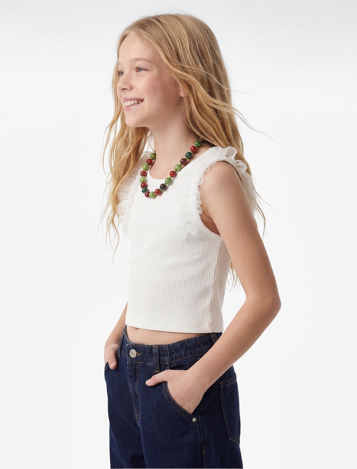 Kız Çocuk Fırfır Detaylı Kolsuz Bisiklet Yaka Crop Atlet