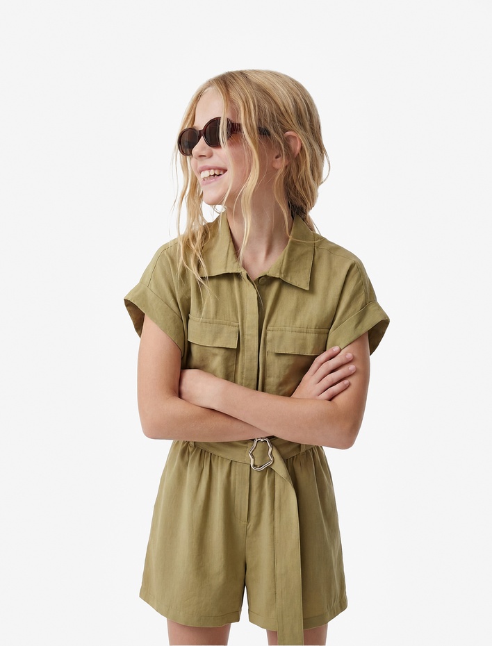Kız Çocuk Kısa Kollu Gömlek Yaka Kapaklı Cepli Kuşaklı Modal Tulum
