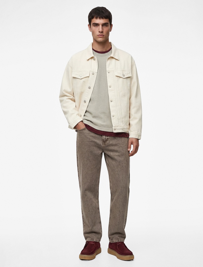  Uzun Kollu Kapaklı Cepli Gömlek Yaka Jean Ceket