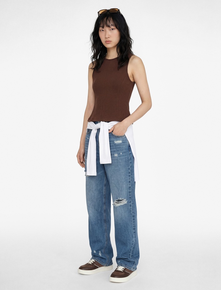  Pamuklu Slim Fit Kolsuz Bisiklet Yaka Bluz