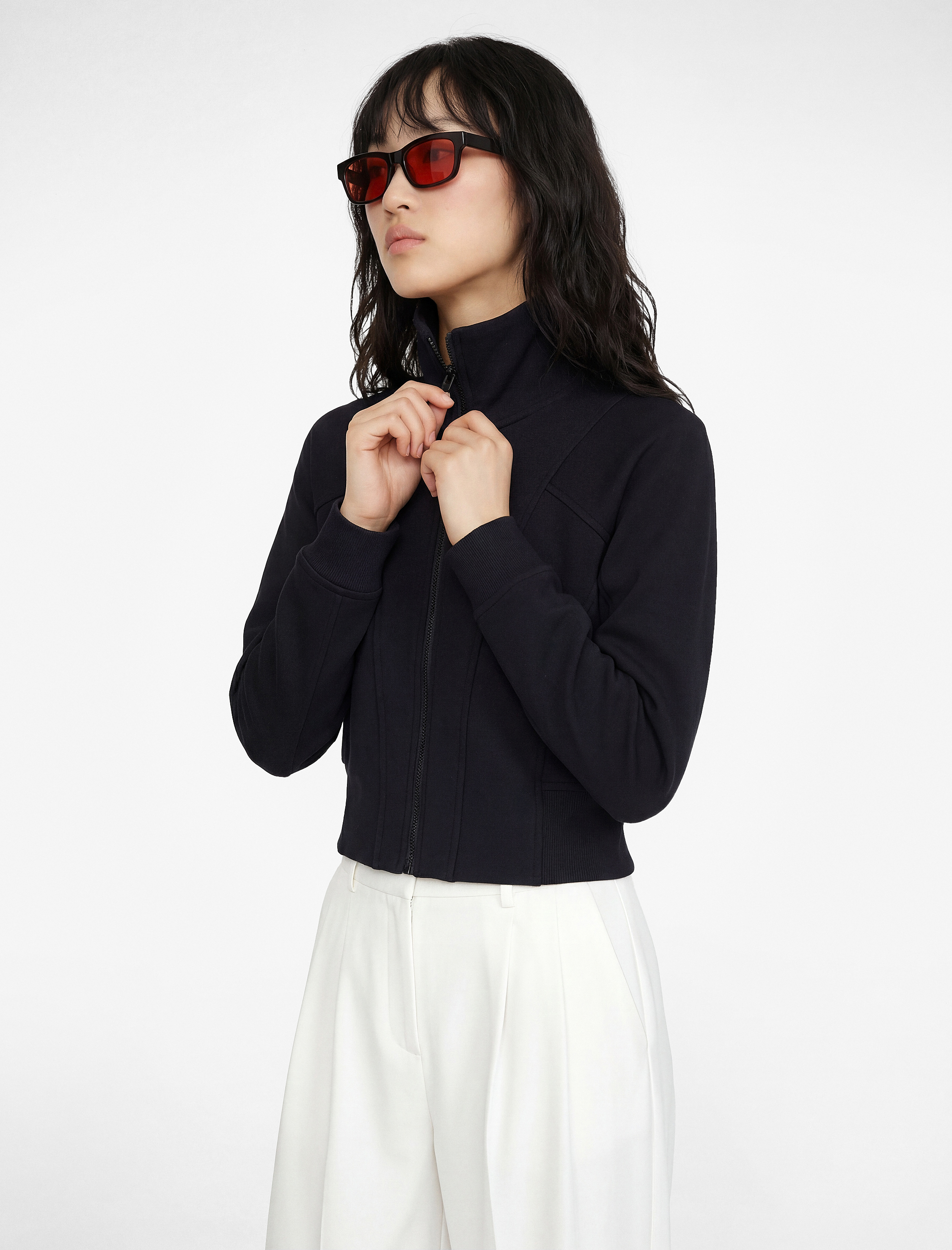   Şardonlu Uzun Kollu Klasik Yaka Fermuarlı Sweatshirt