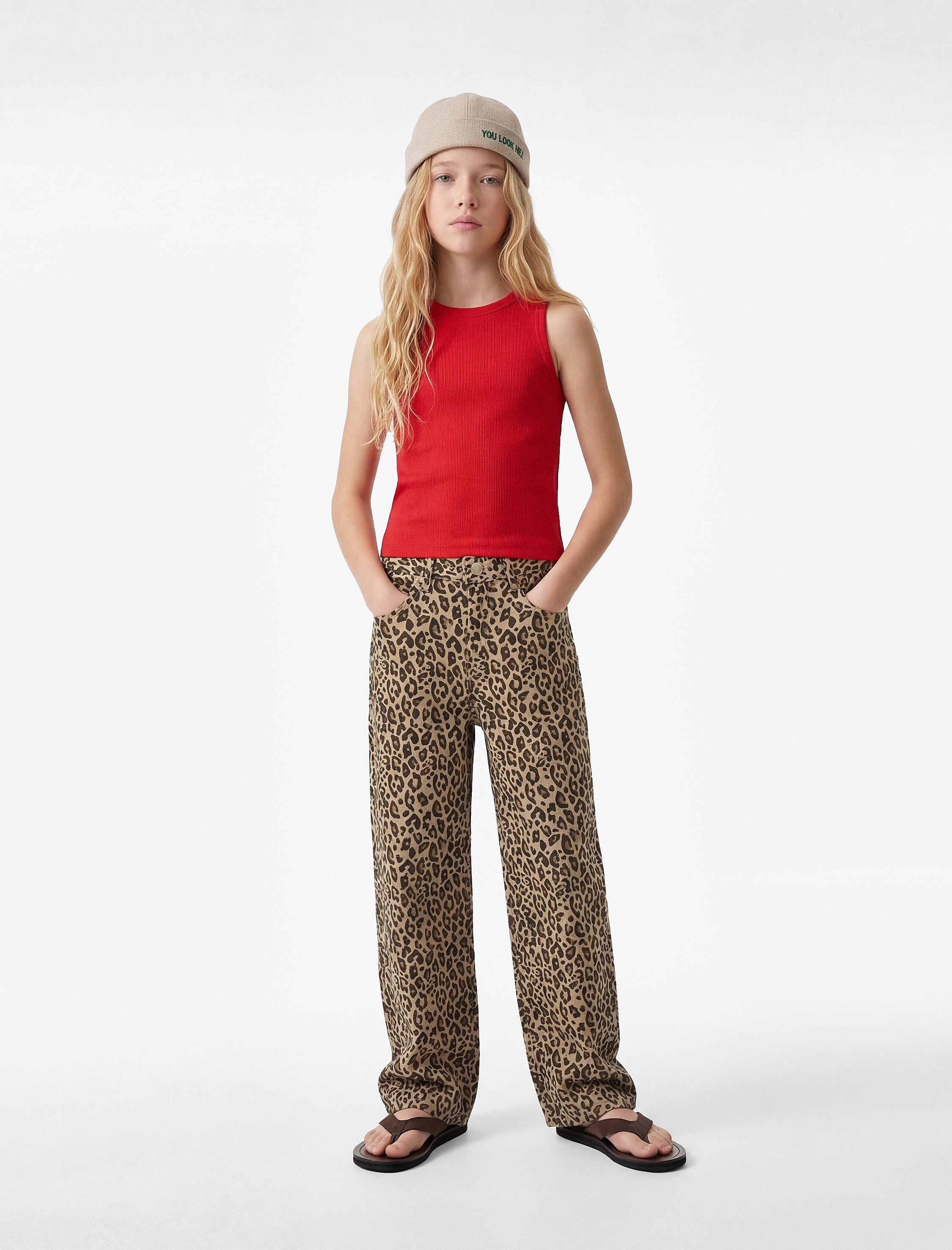  Kız Çocuk Pamuklu Cepli Leopar Desenli Geniş Paça Pantolon