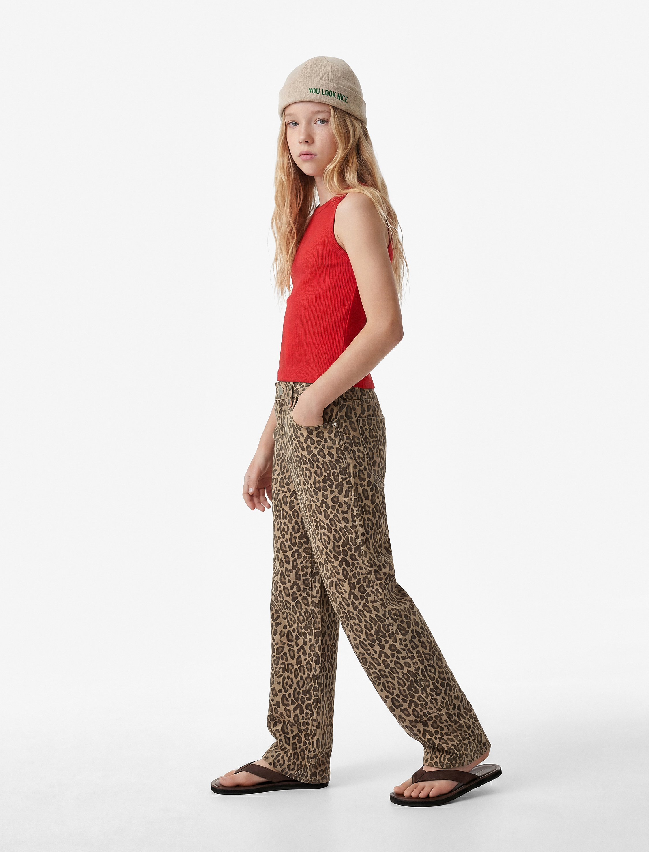  Kız Çocuk Pamuklu Cepli Leopar Desenli Geniş Paça Pantolon