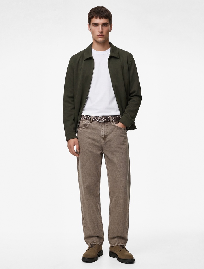  Regular Fit Uzun Kollu Cepli Gömlek Yaka Fermuarlı Mevsimlik Ceket