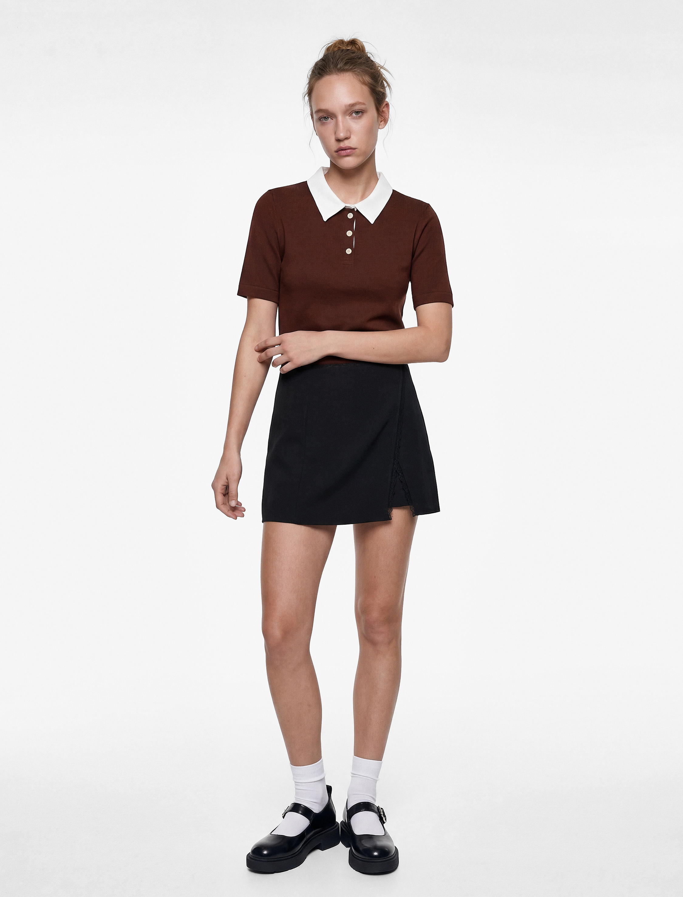   Polo Yaka Kısa Kollu Düğmeli Biyeli Viskon Karışımlı Triko Kazak