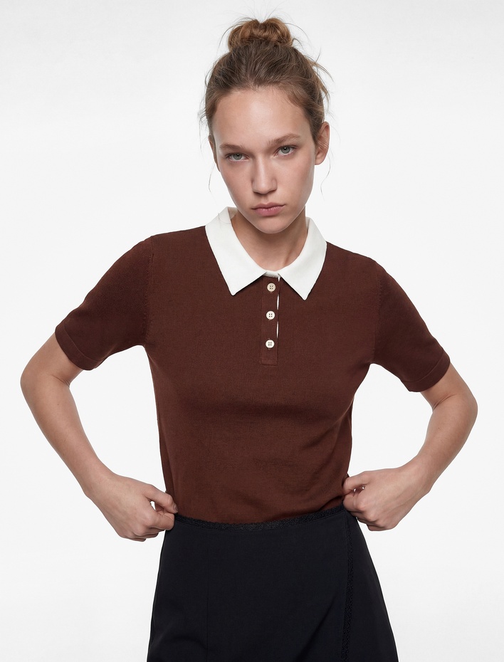  Polo Yaka Kısa Kollu Düğmeli Biyeli Viskon Karışımlı Triko Kazak