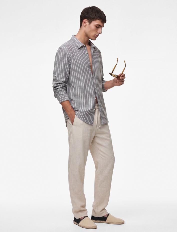  Klasik Yaka Regular Fit Uzun Kollu Pamuklu Çizgili Gömlek