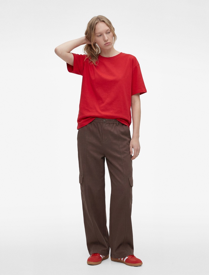  Pamuklu Gabardin Düğmeli Rahat Kalıp Kargo Cepli Pantolon