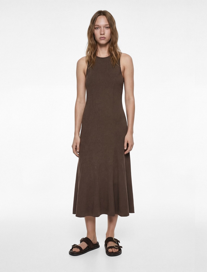  Rahat Kalıp Bisiklet Yaka Dikiş Detaylı Bürümcük Kolsuz Uzun Kloş Elbise