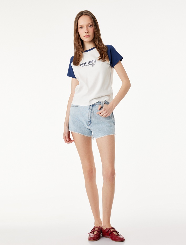  Pamuklu Kısa Kollu Bisiklet Yaka Slim Fit Baskılı Tişört