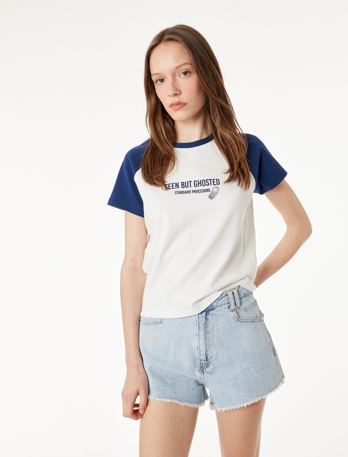  Pamuklu Kısa Kollu Bisiklet Yaka Slim Fit Baskılı Tişört