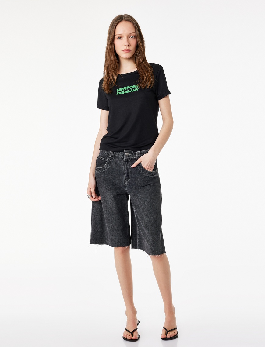Koton Kadın Slim Fit Kısa Kollu Bisiklet Yaka Modal Karışımlı Baskılı T-Shirt