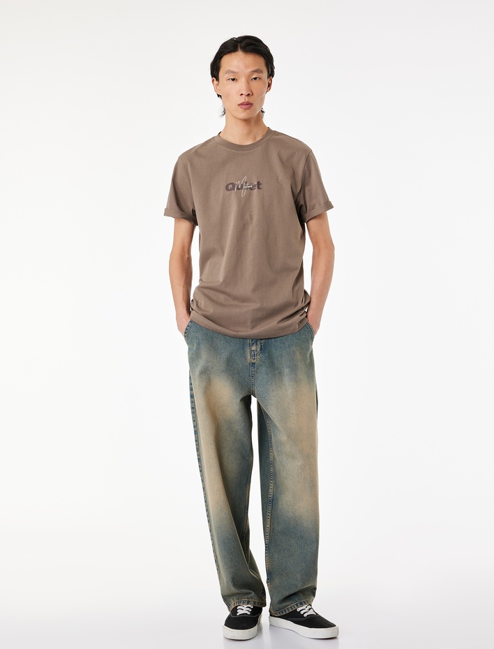  Regular Fit Kısa Kollu Bisiklet Yaka Pamuklu Baskılı Tişört