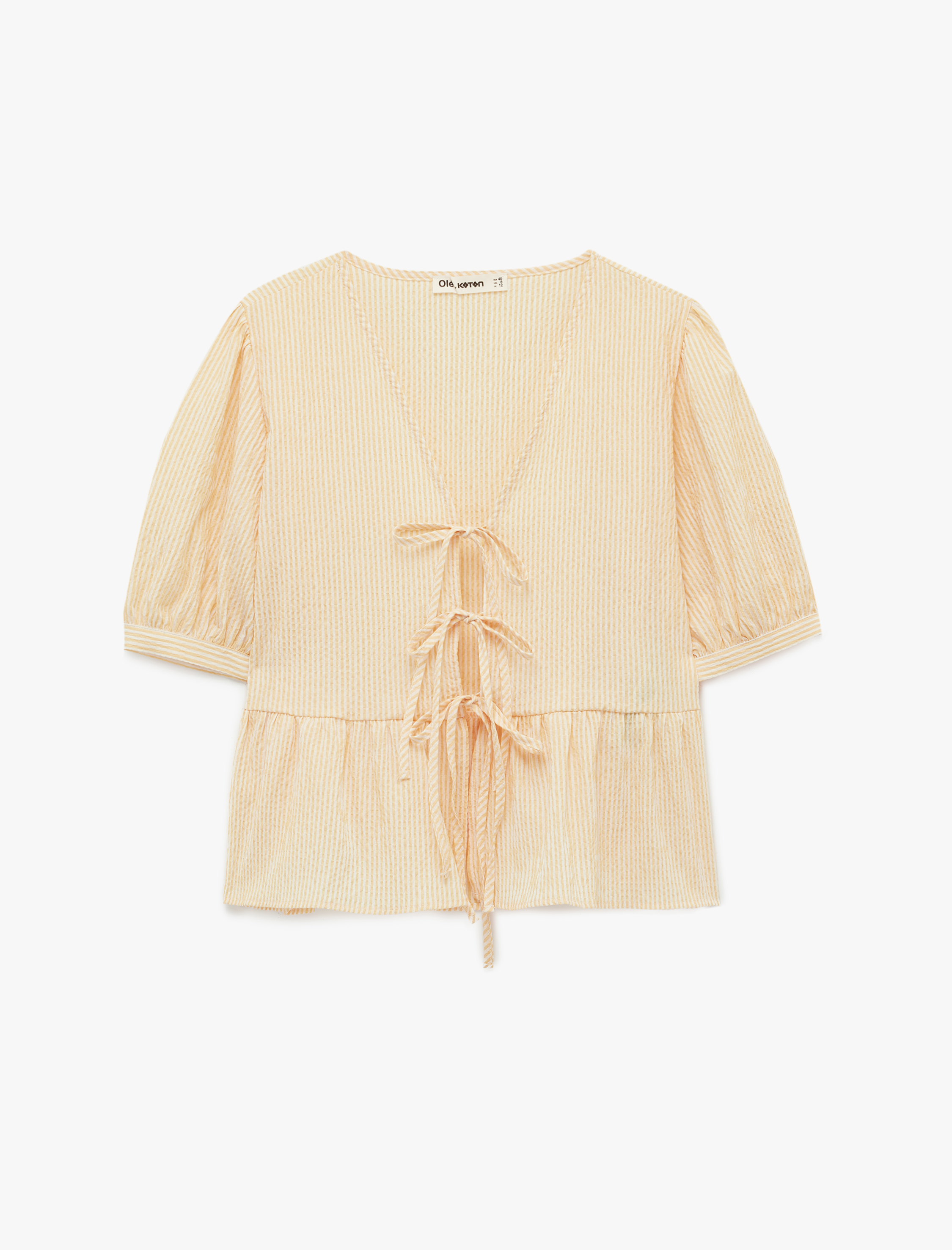   Rahat Kalıp Bağlama Detaylı Dokulu V Yaka Balon Kol Bluz