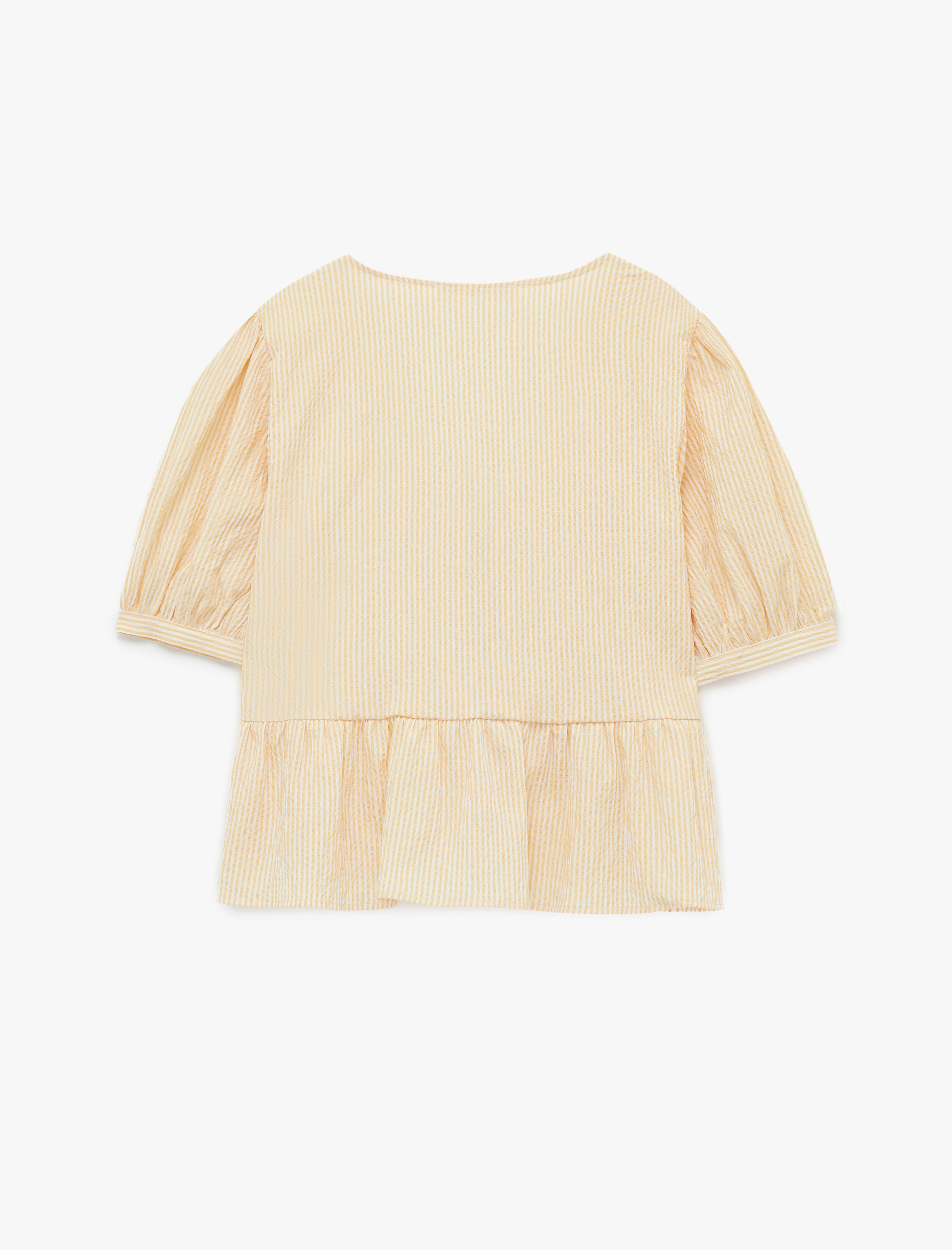   Rahat Kalıp Bağlama Detaylı Dokulu V Yaka Balon Kol Bluz