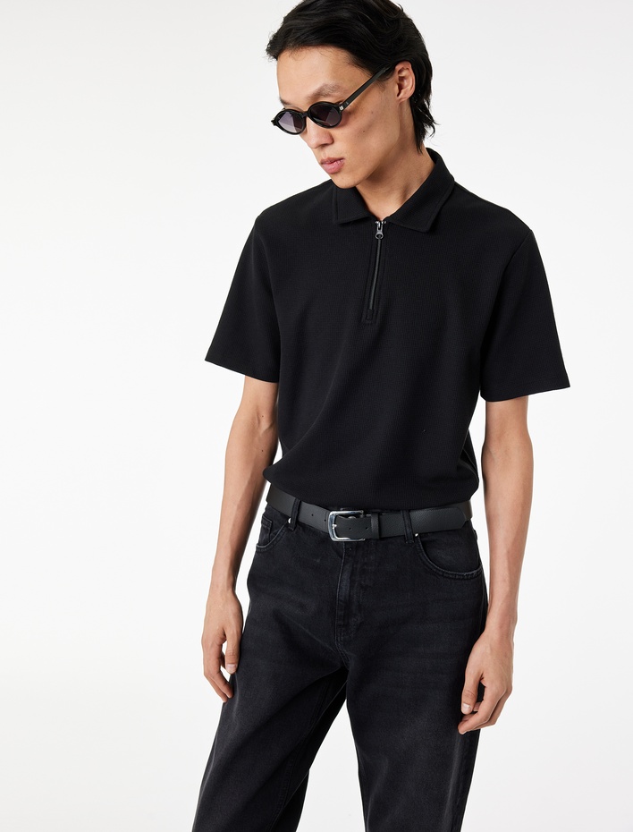  Regular Fit Kısa Kollu Waffle Dokulu Yarım Fermuarlı Polo Yaka Tişört
