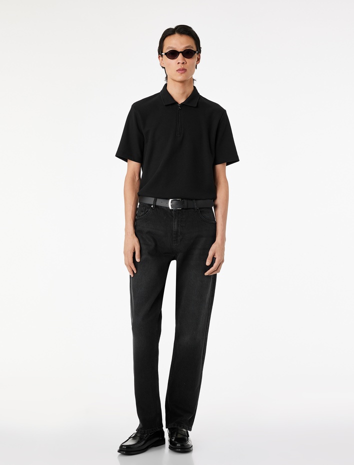  Regular Fit Kısa Kollu Waffle Dokulu Yarım Fermuarlı Polo Yaka Tişört