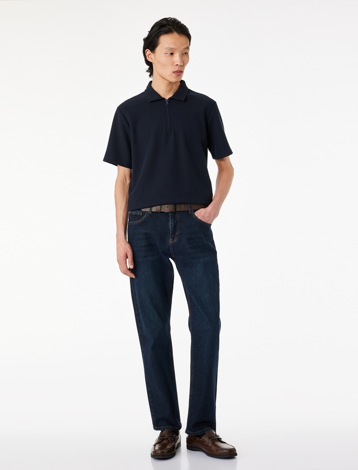  Regular Fit Kısa Kollu Waffle Dokulu Yarım Fermuarlı Polo Yaka Tişört