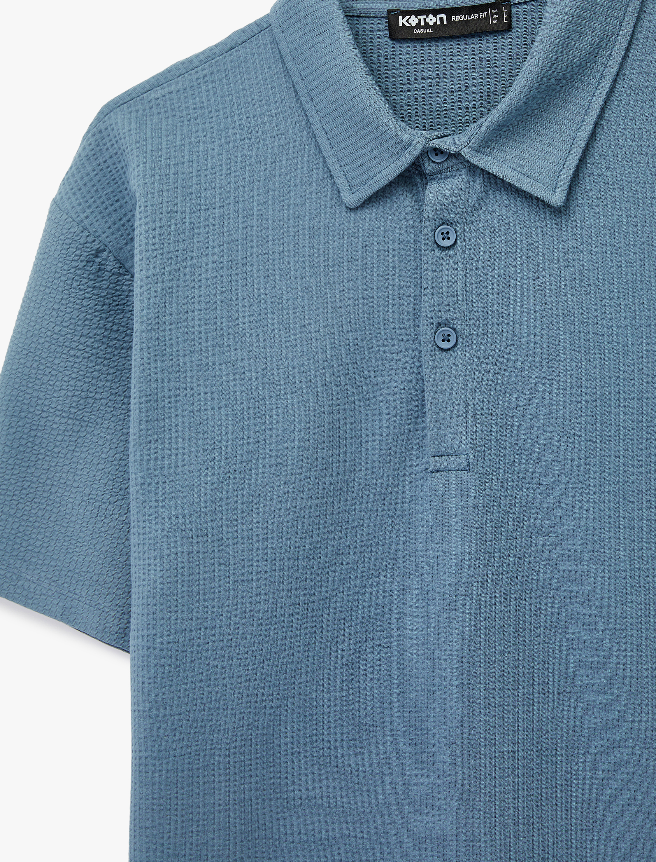 Regular Fit Kısa Kollu Dokulu Pamuklu Polo Yaka Tişört - Görsel 5