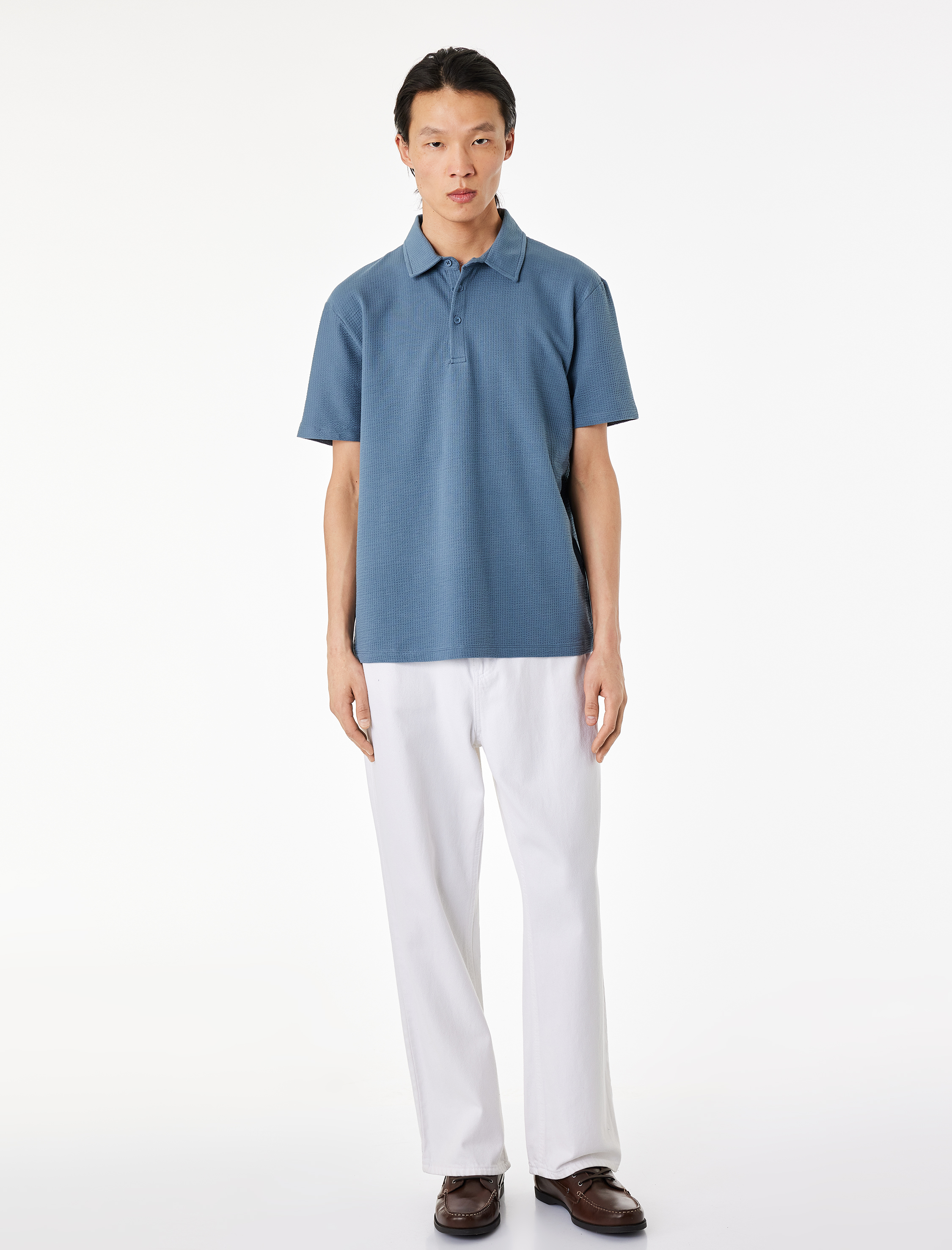 Regular Fit Kısa Kollu Dokulu Pamuklu Polo Yaka Tişört - Görsel 2