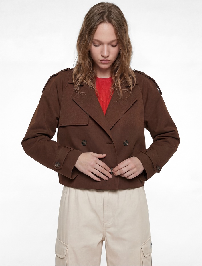  Düğmeli Kruvaze Yaka Uzun Kollu Gabardin Crop Ceket