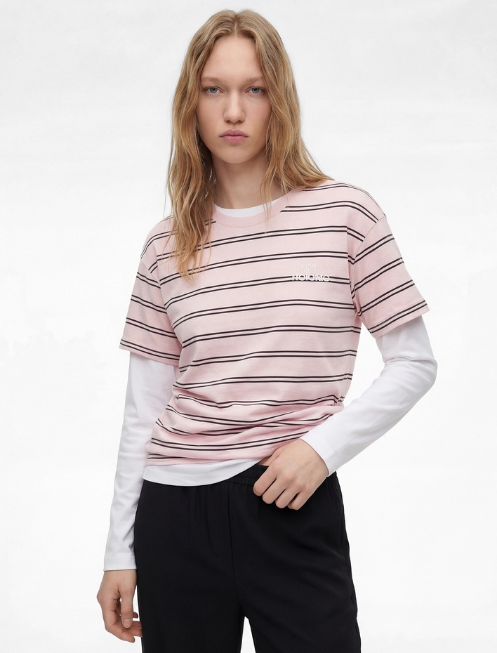  Rahat Kalıp Kısa Kollu Bisiklet Yaka Çizgili Tişört