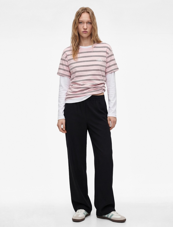  Rahat Kalıp Kısa Kollu Bisiklet Yaka Çizgili Tişört