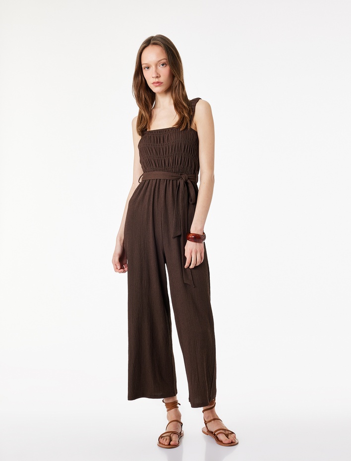  Bürümcük Kare Yaka Kolsuz Kemer Detaylı Gipeli Geniş Paça Tulum