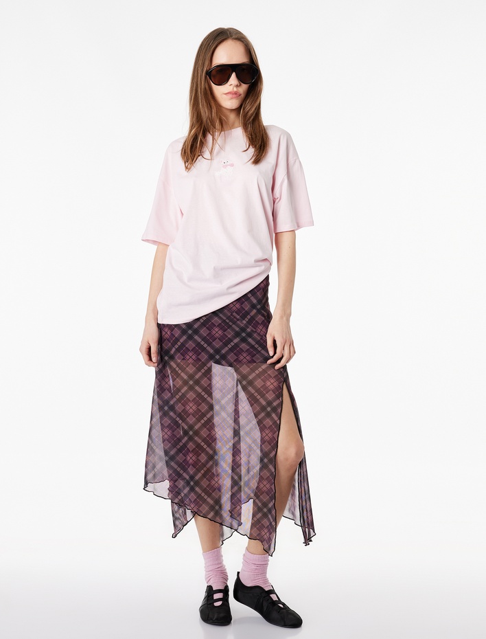  Rahat Kalıp Kısa Kollu Bisiklet Yaka Kedi Nakışlı Tişört