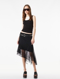 Asimetrik Slim Fit Tül Detaylı Midi Etek