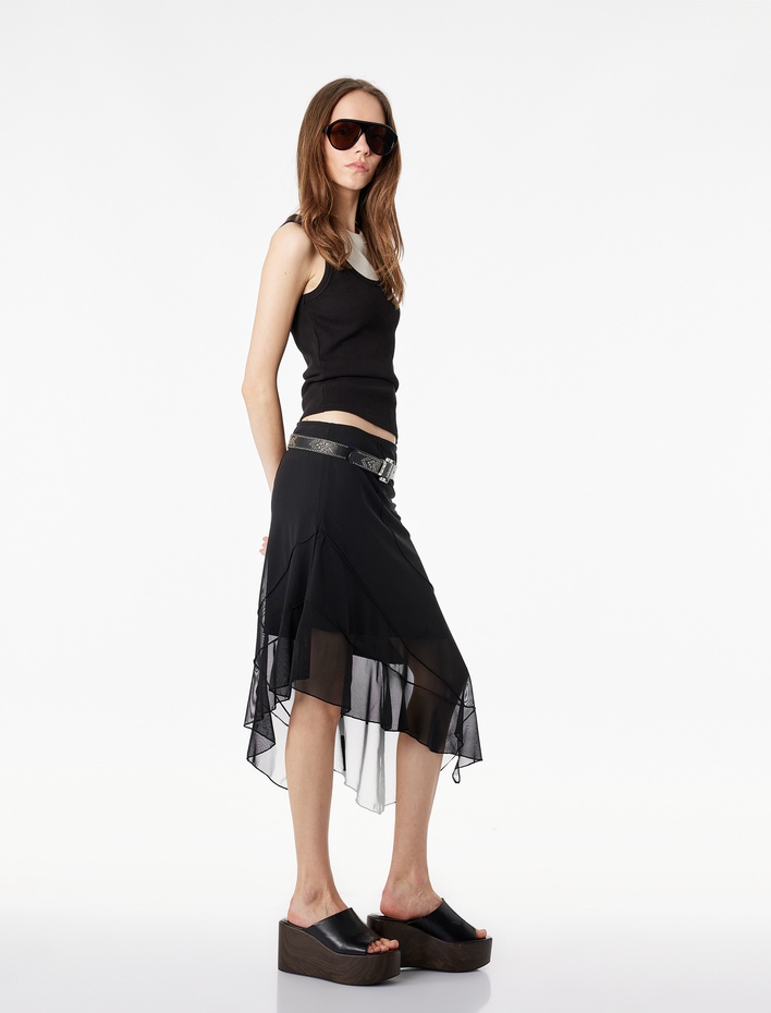  Asimetrik Slim Fit Tül Detaylı Midi Etek