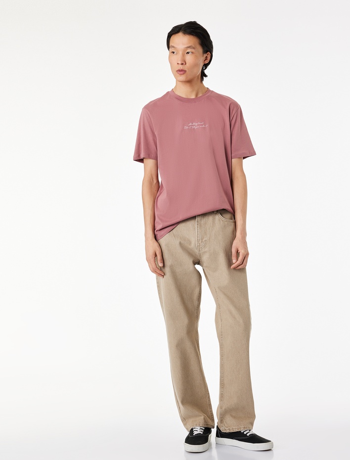  Pamuklu Kısa Kollu Bisiklet Yaka Baskılı Slim Fit Tişört