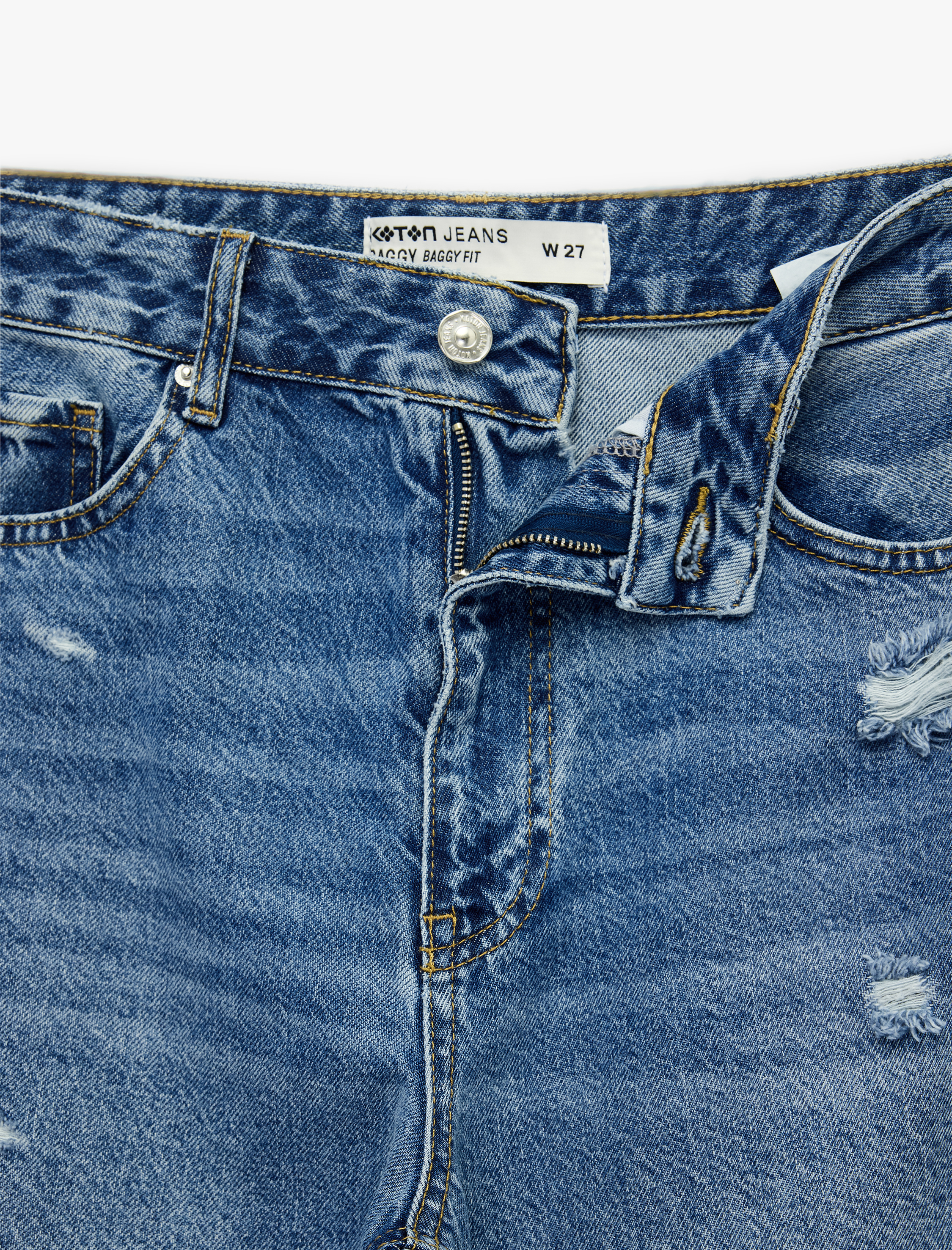   Normal Bel Yıpratma Detaylı Cepli Pamuklu Baggy Jean Pantolon