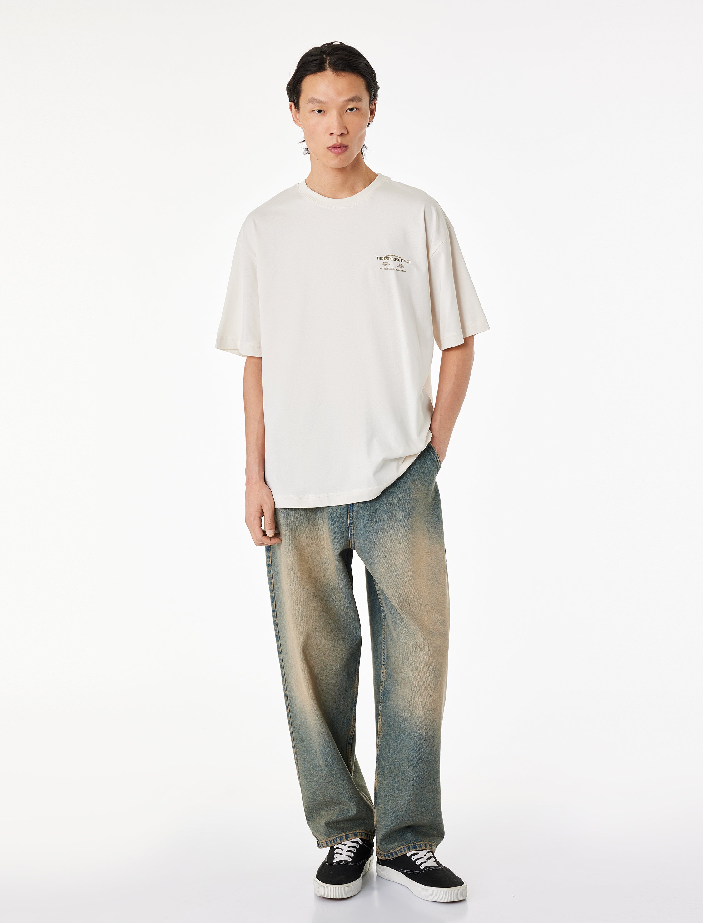   Oversize Kısa Kollu Pamuklu Bisiklet Yaka Arkası Baskılı Tişört