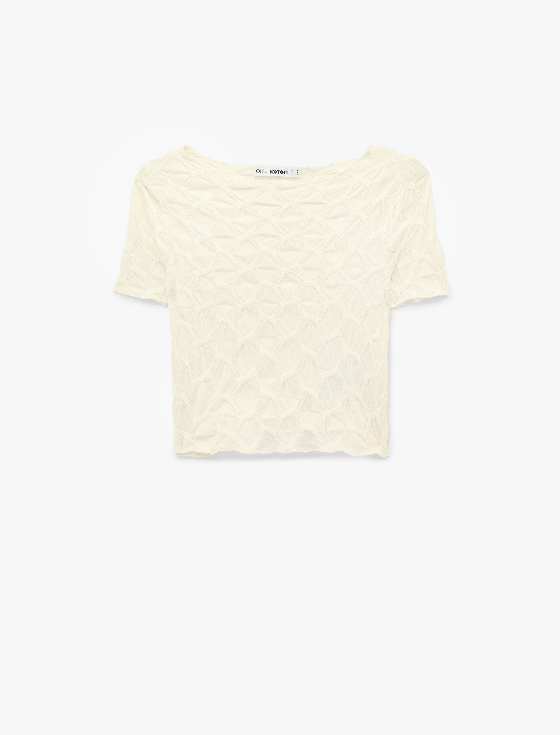   Bürümcük Kumaş Slim Fit Kısa Kollu Kayık Yaka Crop Tişört