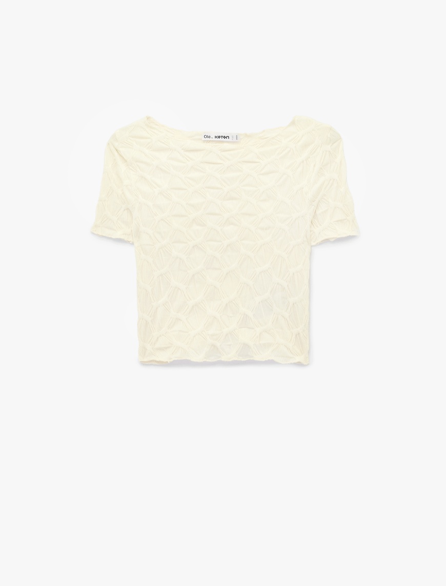Sarı Bürümcük Kumaş Slim Fit Kısa Kollu Kayık Yaka Crop Tişört