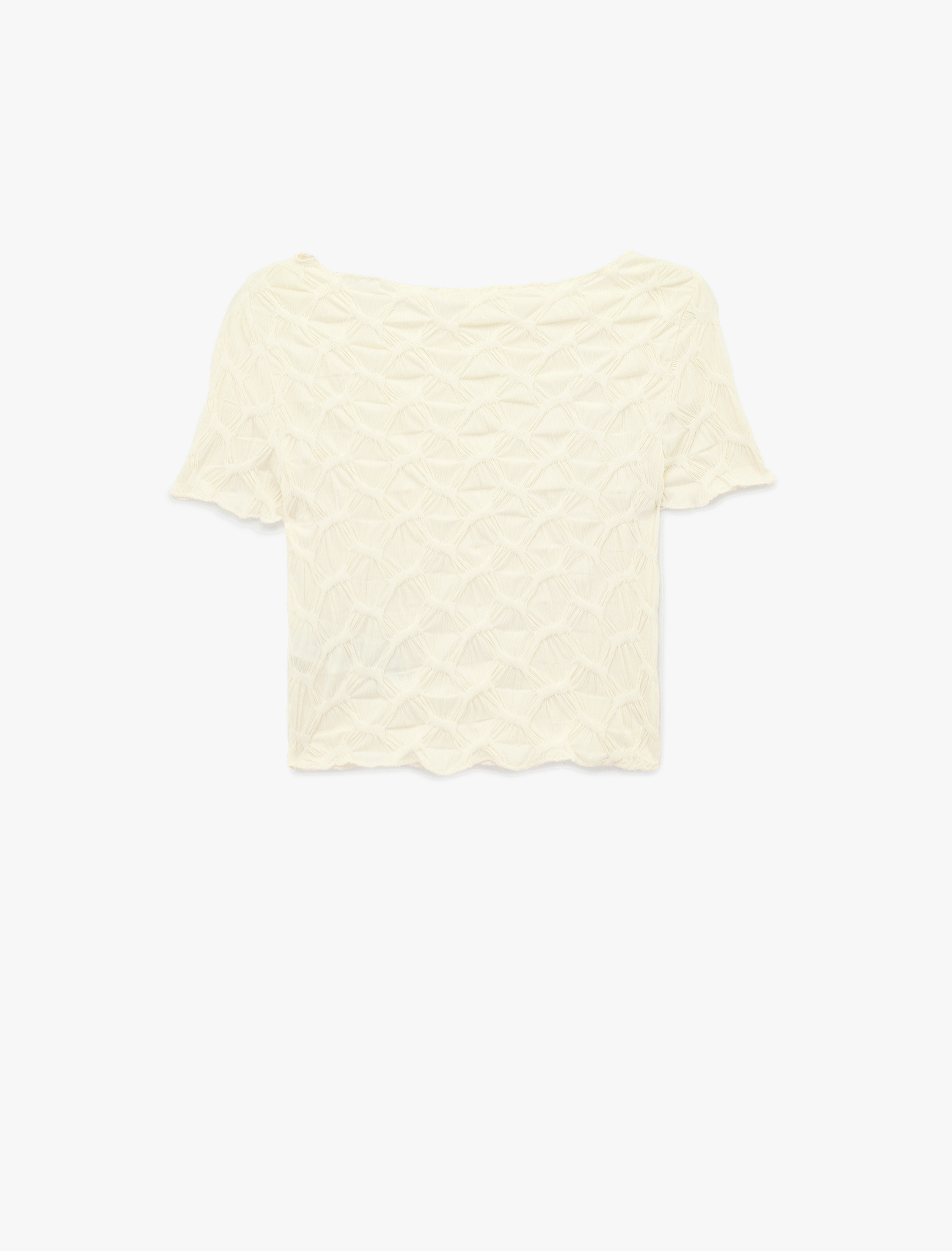   Bürümcük Kumaş Slim Fit Kısa Kollu Kayık Yaka Crop Tişört