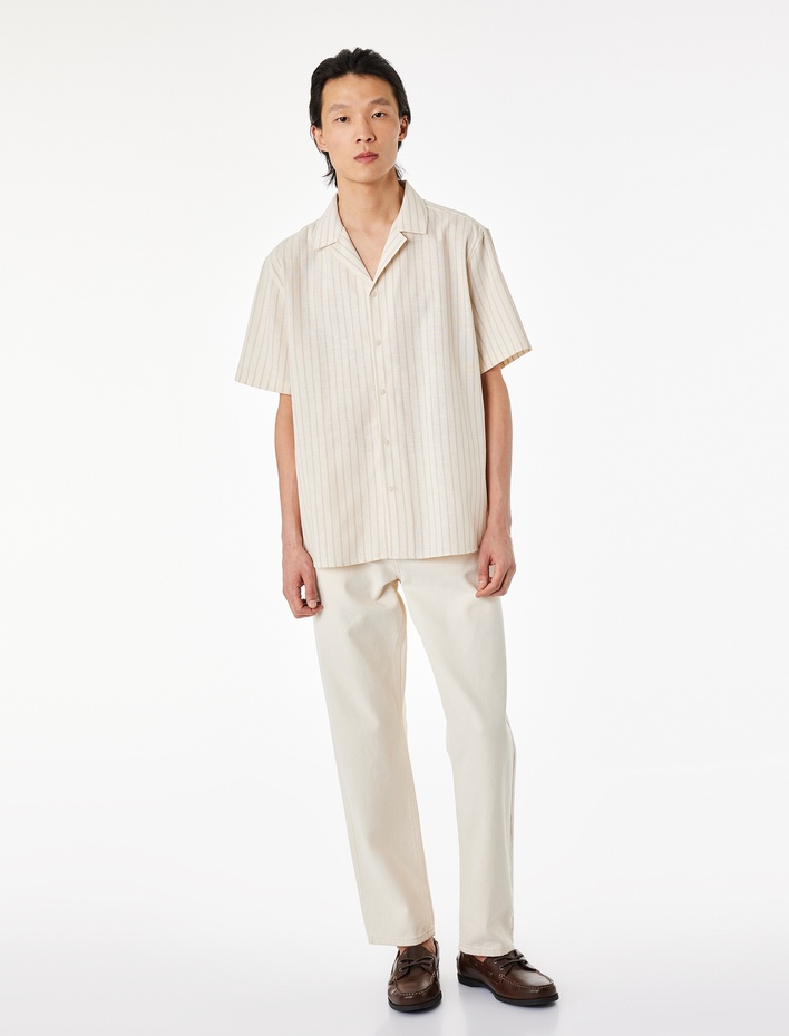  Regular Fit Kısa Kollu Pamuklu Devrik Yaka Çizgili Gömlek