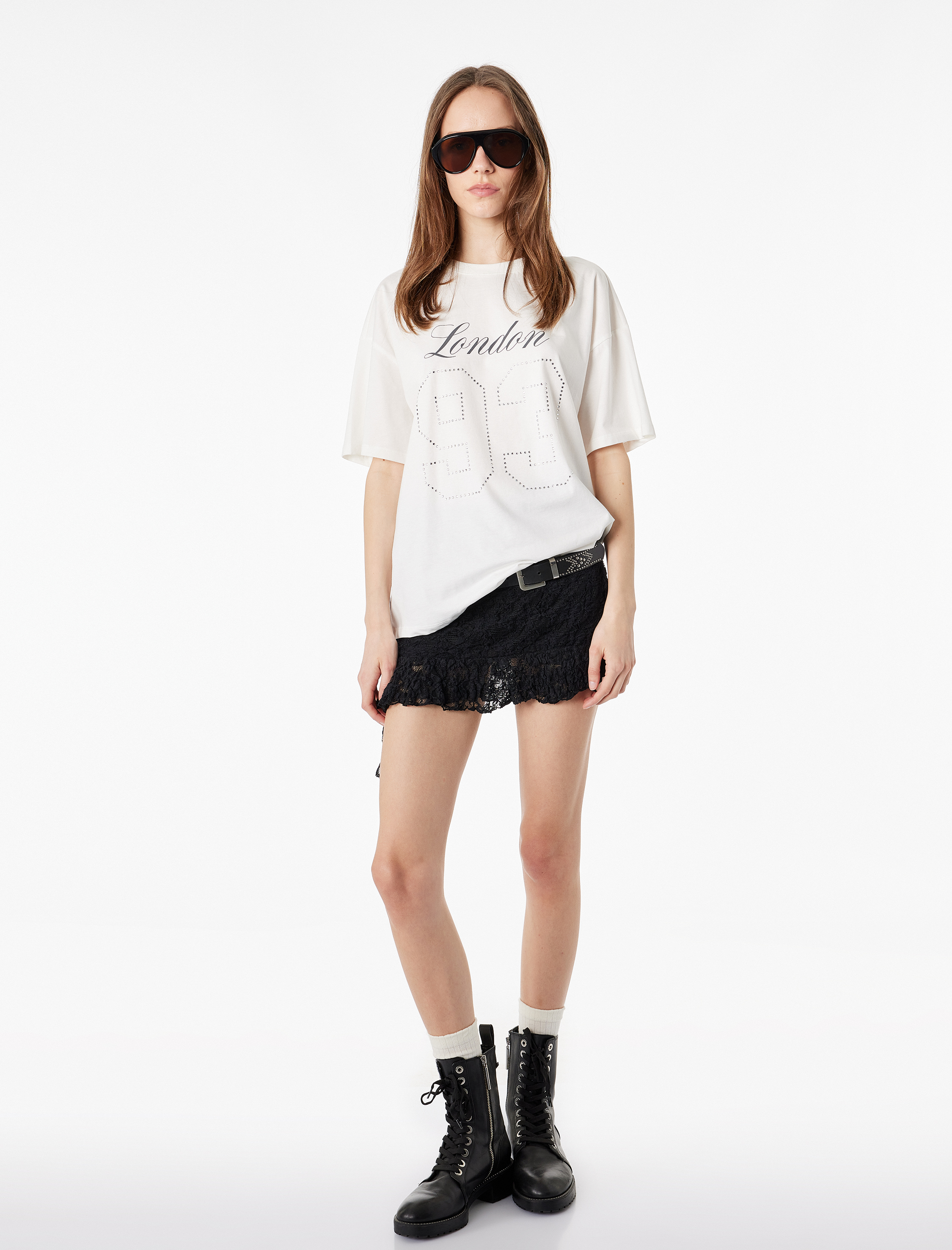   Rahat Kalıp Kısa Kollu Bisiklet Yaka Kolej Baskılı Pamuklu Tişört