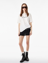 Rahat Kalıp Kısa Kollu Bisiklet Yaka Kolej Baskılı Pamuklu Tişört